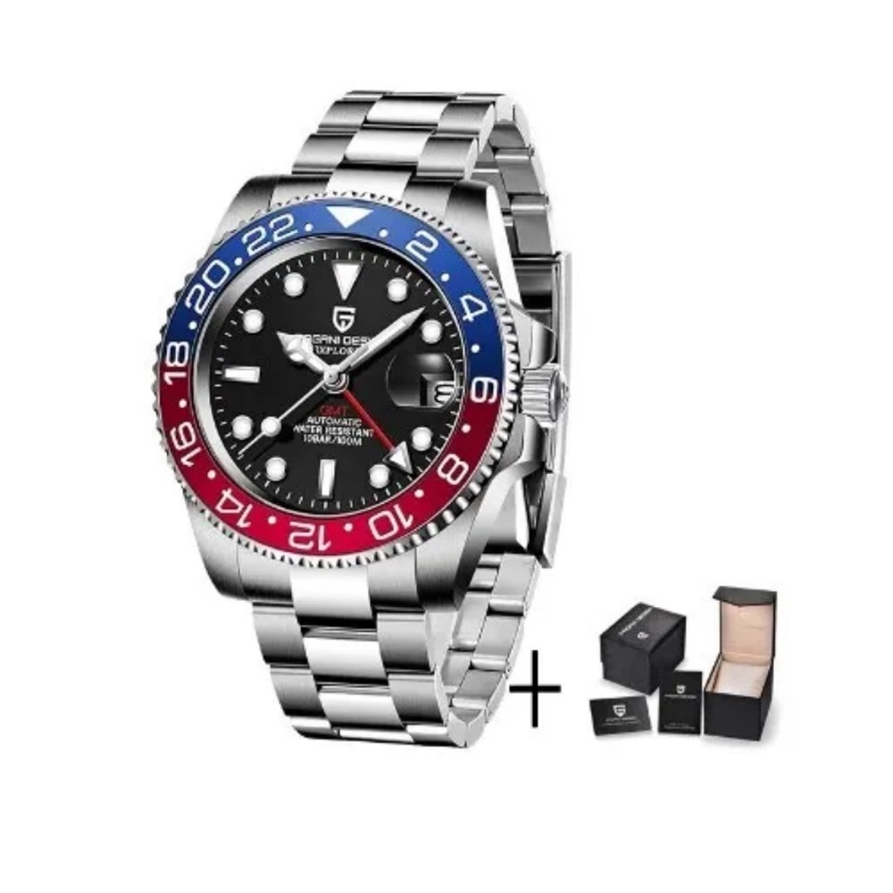 Mens Pagani Design Automatic Luxury GMT Mechanical Wristwatch Stainless Steel